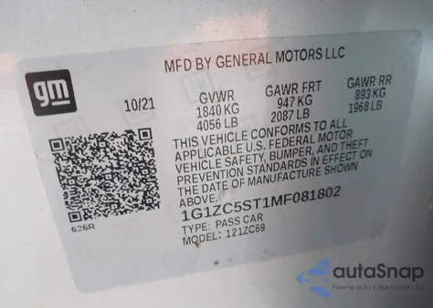 2021 Chevrolet Malibu Fwd 1Fl z USA, uszkodzony, nr VIN 1G1ZC5ST1MF081802